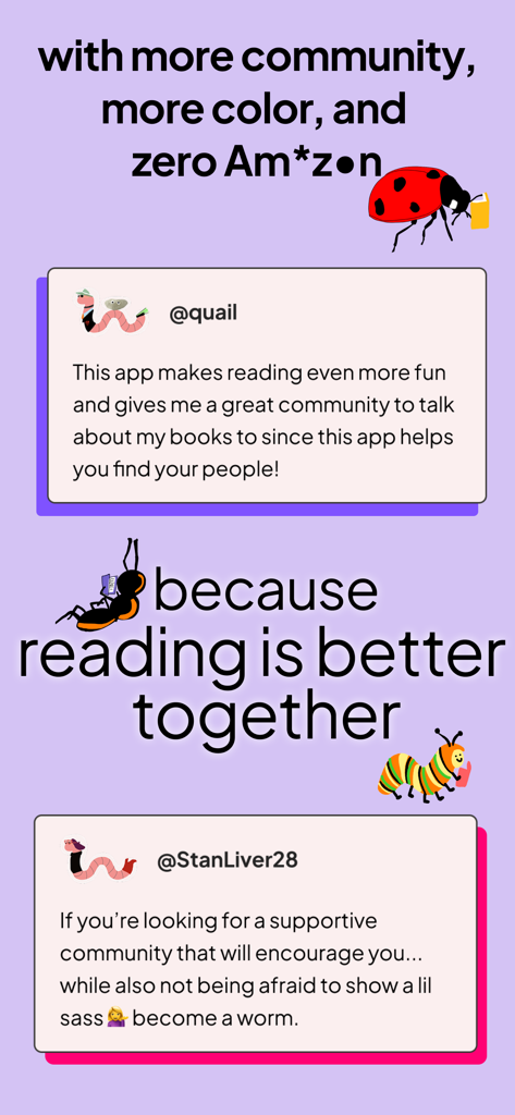 Bookworm Reads - Bookworm Reads app screenshot featuring user testimonials about its joyful reading community and colorful design