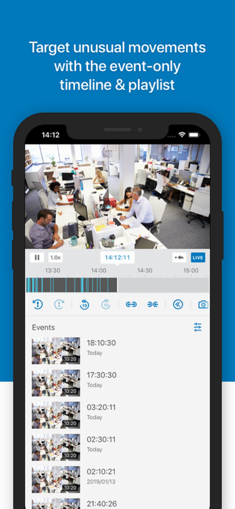 DS cam mobile app interface featuring an event-only timeline and a playlist of office surveillance recordings