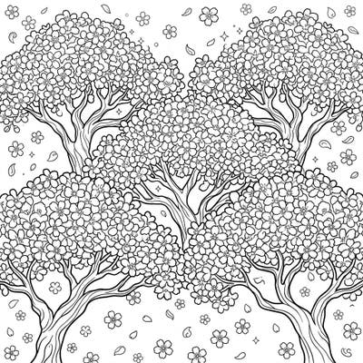 Celebrate the delicate beauty of spring with this enchanting cherry blossom trees coloring page. Its intricate design of blooming canopies and scattered petals offers a wonderfully serene and immersive coloring experience.