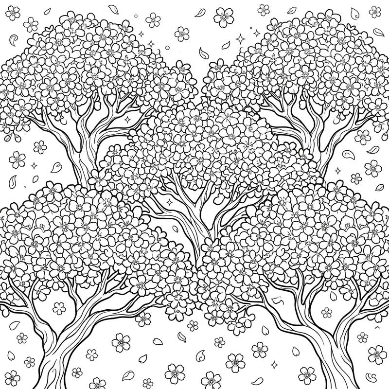 Celebrate the delicate beauty of spring with this enchanting cherry blossom trees coloring page. Its intricate design of blooming canopies and scattered petals offers a wonderfully serene and immersive coloring experience.