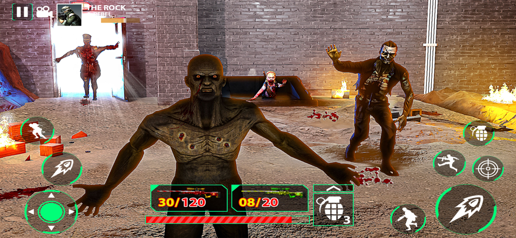 Fps Counter Strike: Sniper War - Gameplay screenshot of zombie mode in Fps Counter Strike Sniper War featuring several zombies and on-screen controls.