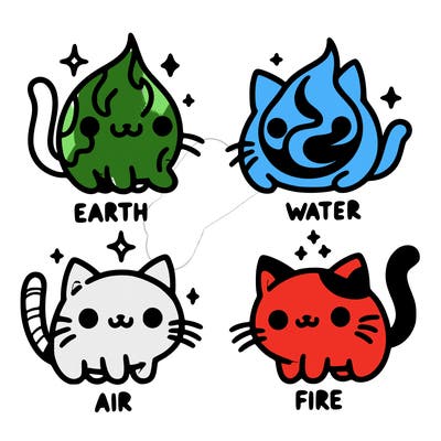 4 cats that represent the different elements, earth, water, air, and fire