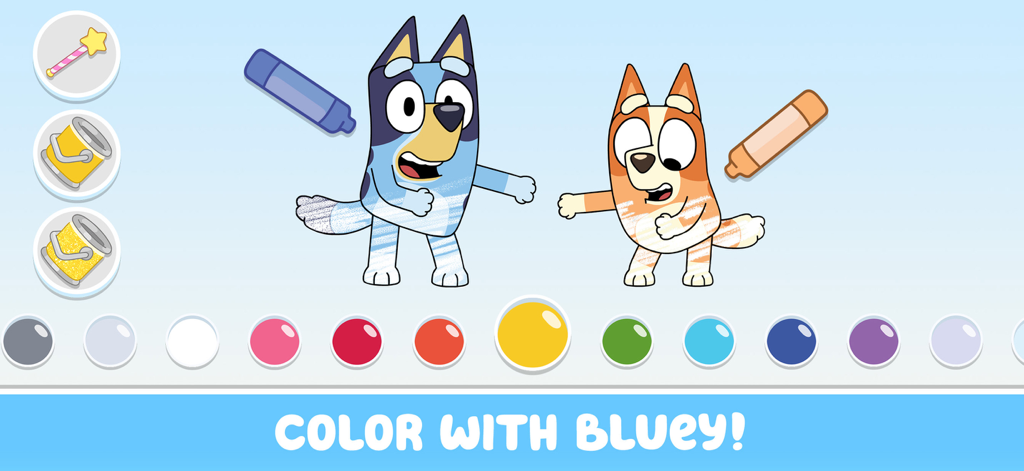 Personajes de Bluey y Bingo en una pantalla para colorear con una paleta de colores y herramientas de dibujo