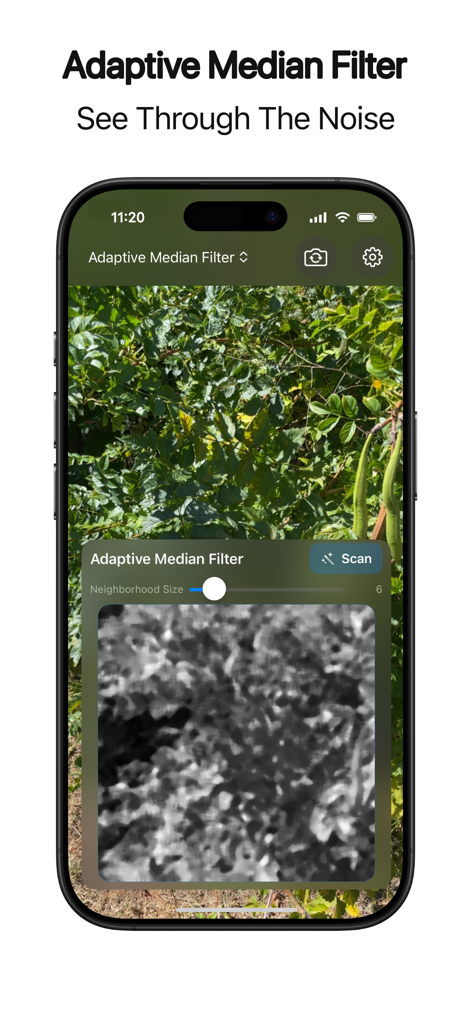 Image Toolkit Pro - Screenshot of Image Toolkit Pro showing the adaptive median filter tool for real time noise reduction on a camera feed