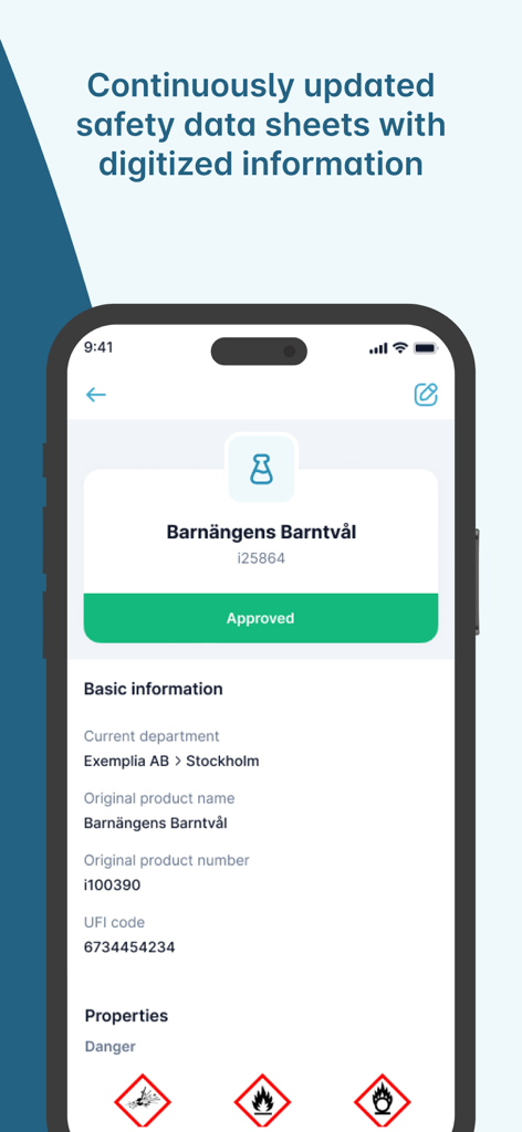iChemistry - A smartphone showing a digital safety data sheet with chemical product information and hazard symbols in the iChemistry app