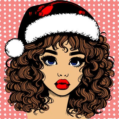 realistic girl with a santa hat curly hair and lips