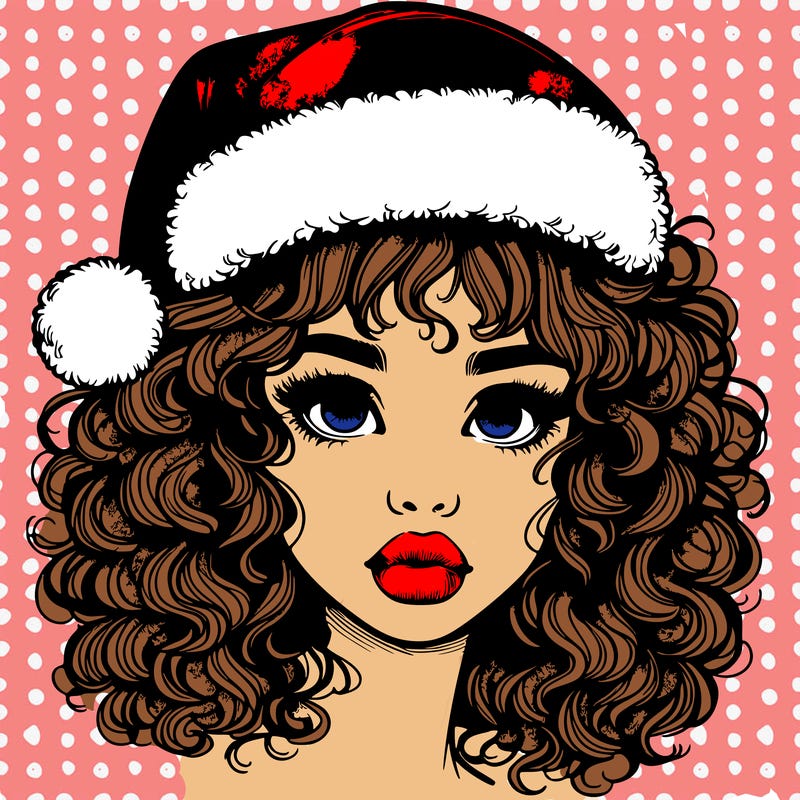 realistic girl with a santa hat curly hair and lips