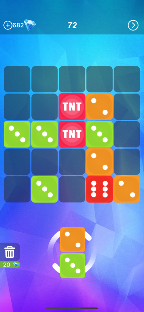 Screenshot of Wasla Game showing a dice merge puzzle grid with TNT blocks and colorful dice