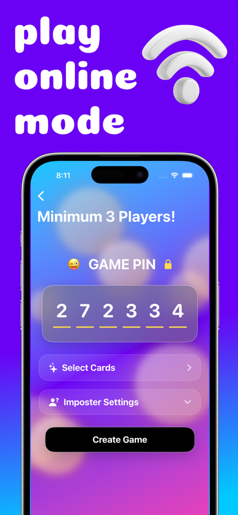 Screenshot of the online mode setup screen in the Imposter party game showing a game pin and create game button.