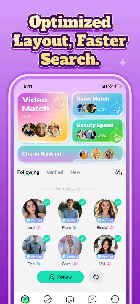 Interfaz de chat de voz de la app Sona con coincidencias de video, voz y perfiles de usuario verificados