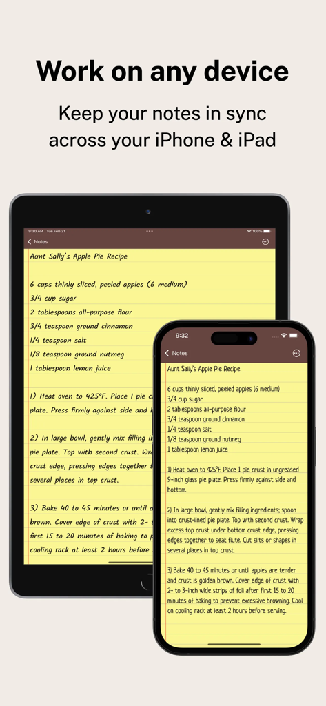 Notepad: Easy Notes & Memos - Notepad app displaying the same note synced across an iPhone and an iPad