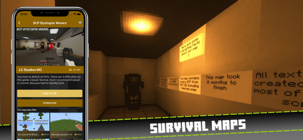 Actual Gun Addon for Minecraft - Actual Gun Addon für Minecraft App zeigt eine Vorschau von Überlebenskarten, einschließlich SCP Dystopia Waves