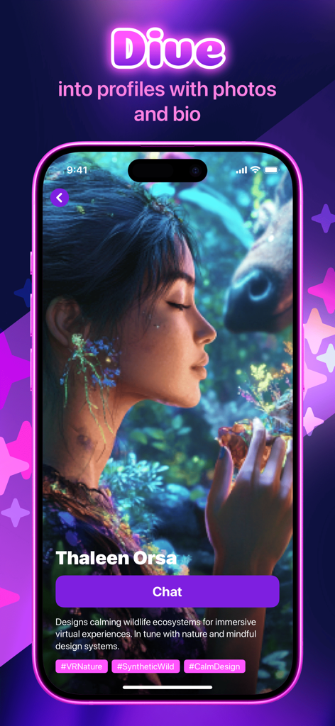 Fenko - Fast Talk & Chat - Interfaz de la aplicación Fenko que muestra el perfil de un personaje IA con foto, biografía y botón de chat