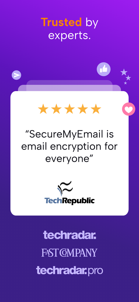 SecureMyEmail - SecureMyEmail app review from TechRepublic and other tech experts on a purple background