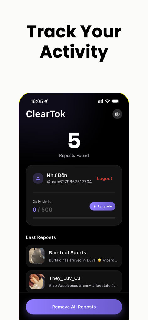ClearTok: Repost Remover - ClearTok 앱 인터페이스가 리포스트 수와 활동 추적, 전체 삭제 버튼을 보여줍니다.