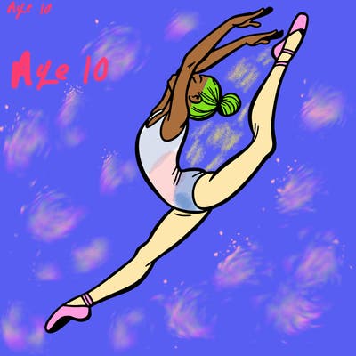 gymnast doing a leap in a leotard with a bent back leg