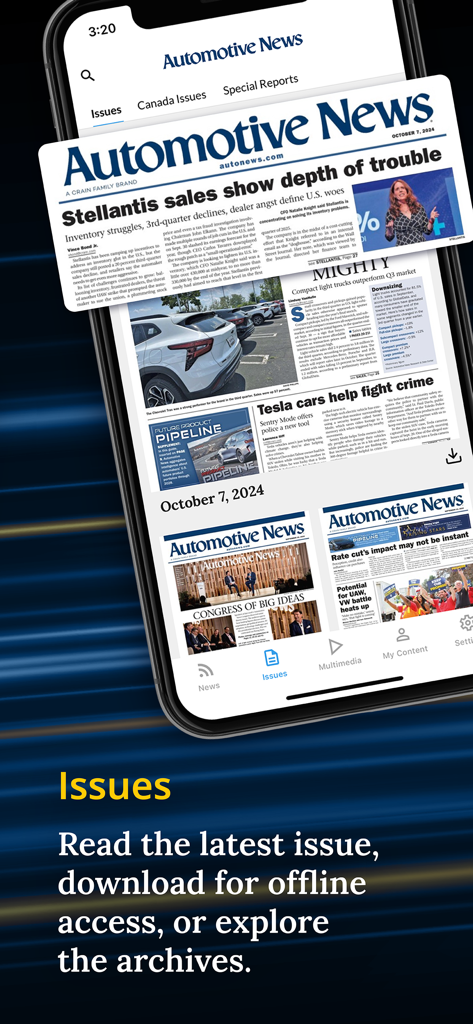 Automotive News - Smartphone screen showing the Automotive News app Issues section with digital publication covers and industry headlines