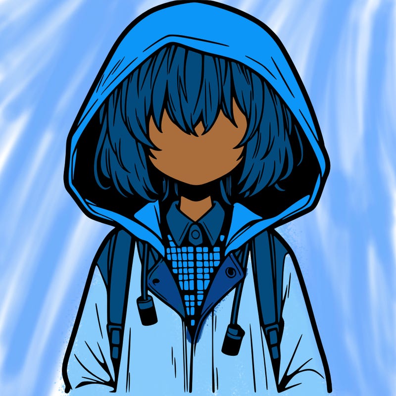 little anime girl in a raincoat her hair is covering her eyes she has a lighter