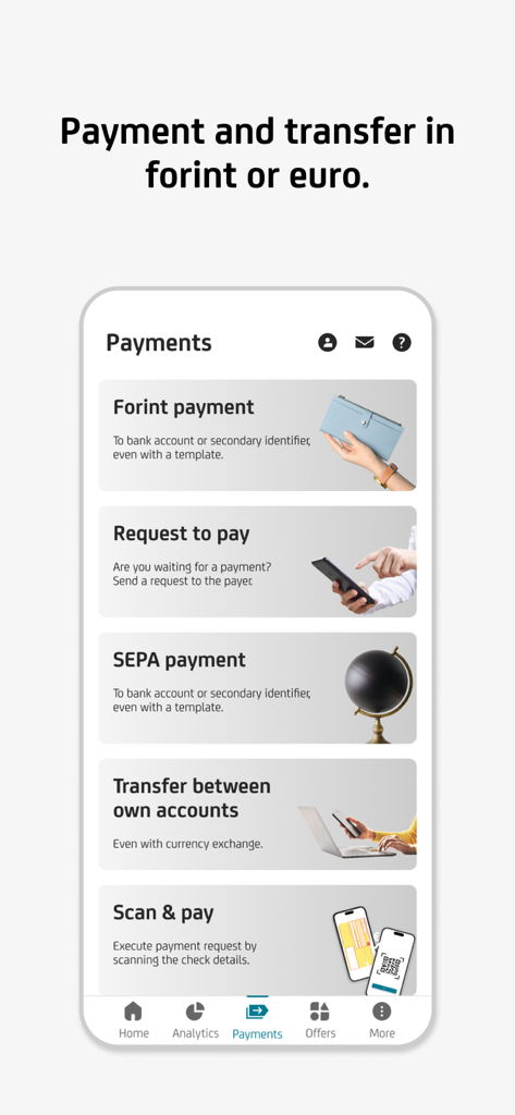 UniCredit mBanking app showing payment options including forint and SEPA transfers
