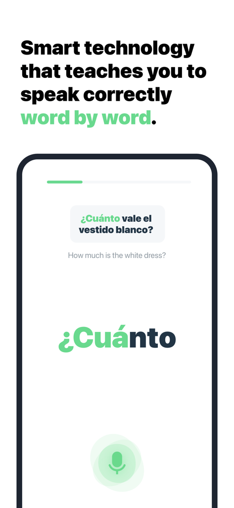 SpeakTrip - Learn & Translate - Interfaz de la aplicación móvil SpeakTrip que muestra una práctica de pronunciación palabra por palabra para una frase en español