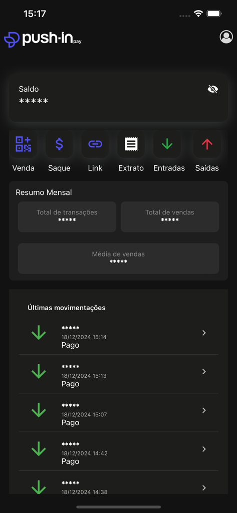 PushinPay - PushinPay mobile app interface displaying account balance and recent financial transactions.