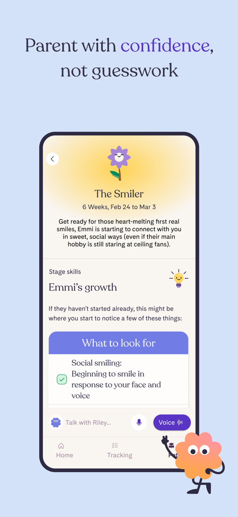 Riley baby development app interface showing a six week milestone called The Smiler with tips for social smiling.