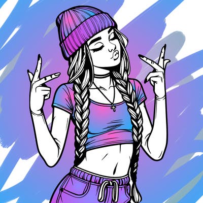 realistic teenage girl with braids and a beanie and crop top doing 🫶🏼