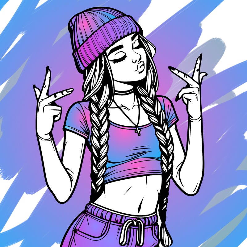 realistic teenage girl with braids and a beanie and crop top doing 🫶🏼