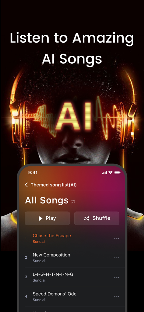 Headphones & Speaker connect + - Interfaz de la aplicación móvil que muestra la lista de reproducción de música generada por IA y los controles de reproducción