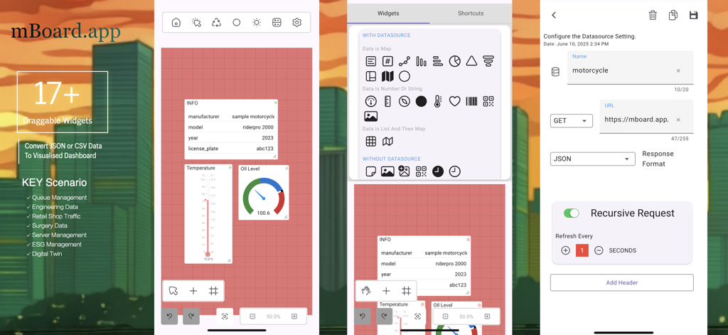 mBoard - Interface of the mBoard app showing the creation of an IoT dashboard with various widgets and data source configuration settings.