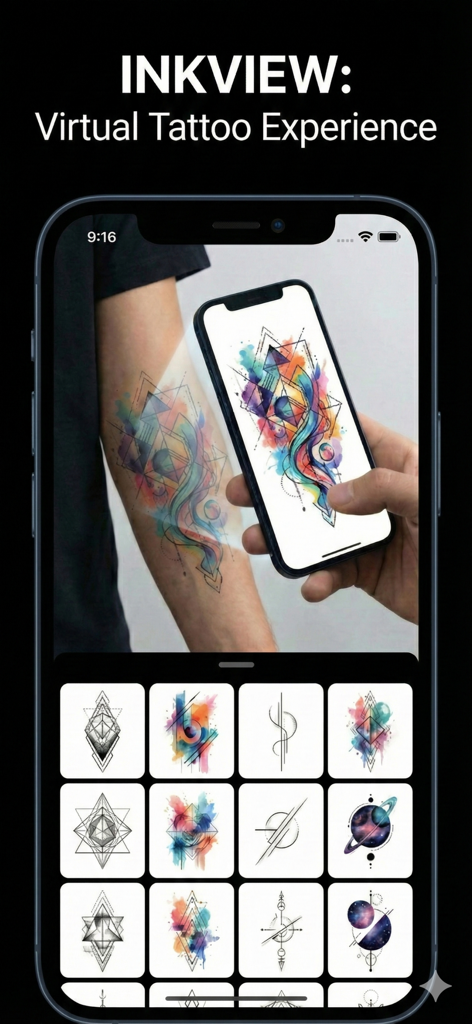 İnkscape & Pinterest Tattoo - Mobile app interface demonstrating a virtual tattoo try-on with various artistic designs