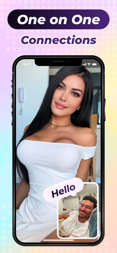 Nina - Live Chat, Meet Girls - Nina app screenshot showing a one on one live video chat interface between two people