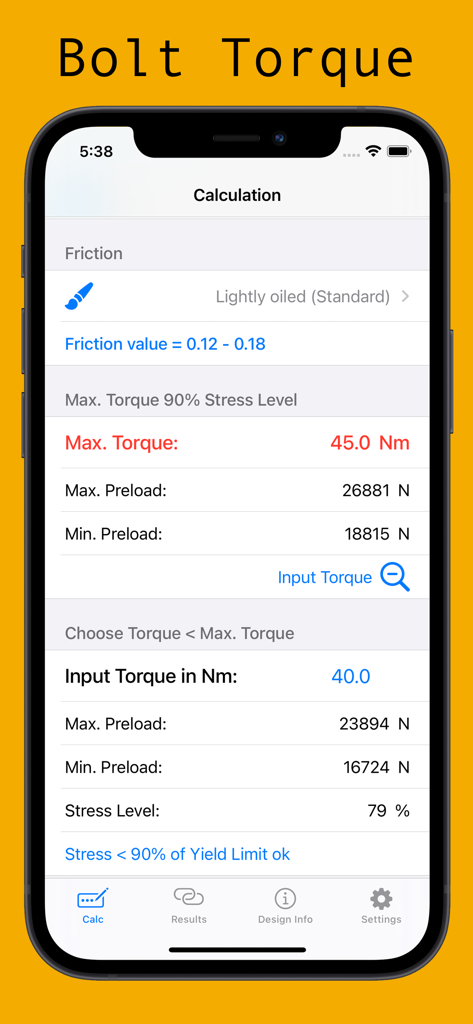 Bolt Torque - Bolt Torque app interface showing screw tightening torque and preload calculations