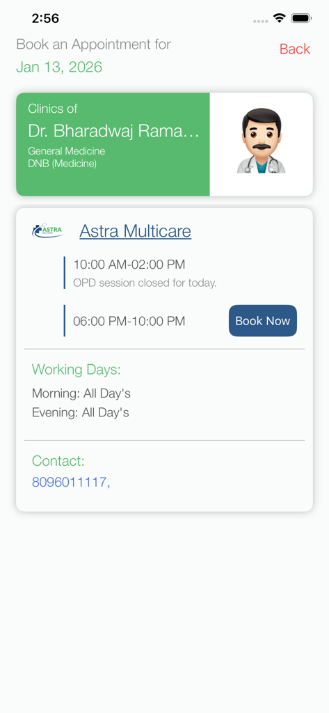 Astra Multicare - Interfaccia dell'app Astra Multicare per la prenotazione di un appuntamento medico che mostra i dettagli del medico e le fasce orarie serali disponibili.