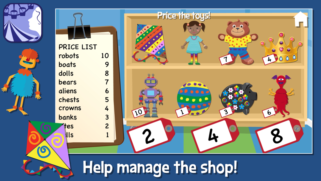 Grandpa's Toy Shop - An educational game screen for children to learn pricing by matching tags to toys on a shelf