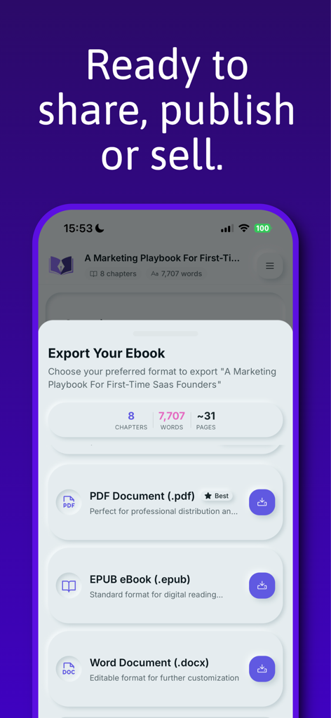 Inkfluence - eBook Maker - Inkfluence app interface showing ebook export options for PDF EPUB and Word formats.