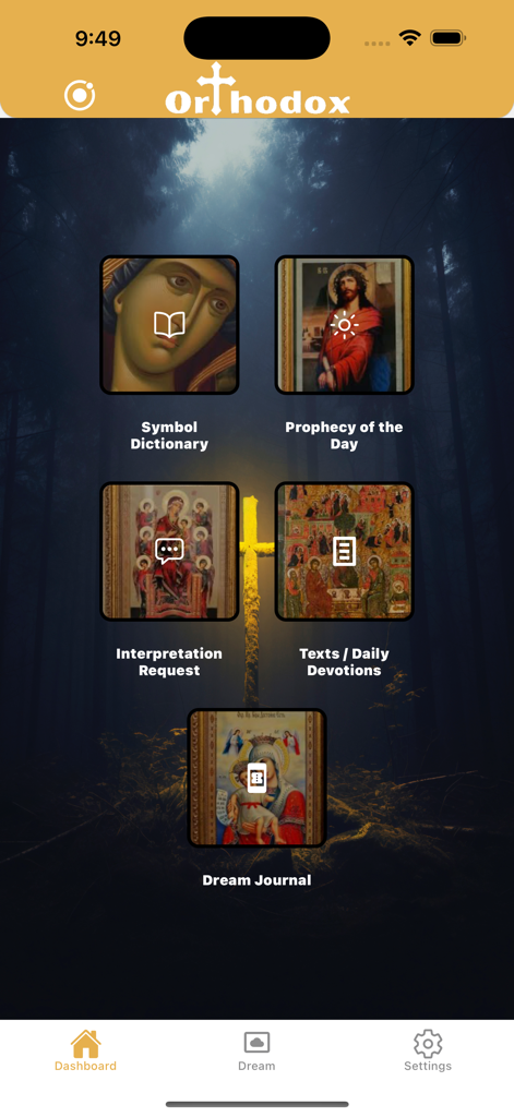 Orthodox Symbolism - Dashboard of the Orthodox Symbolism app featuring icons for dream interpretation and religious devotions
