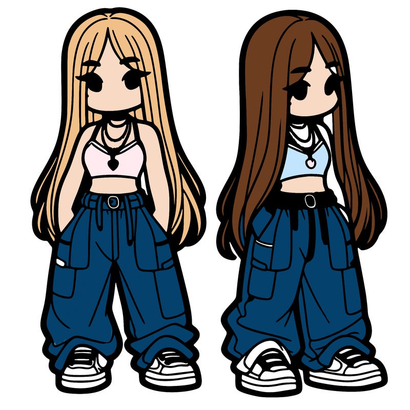 girl in baggy pants crop top and long hair