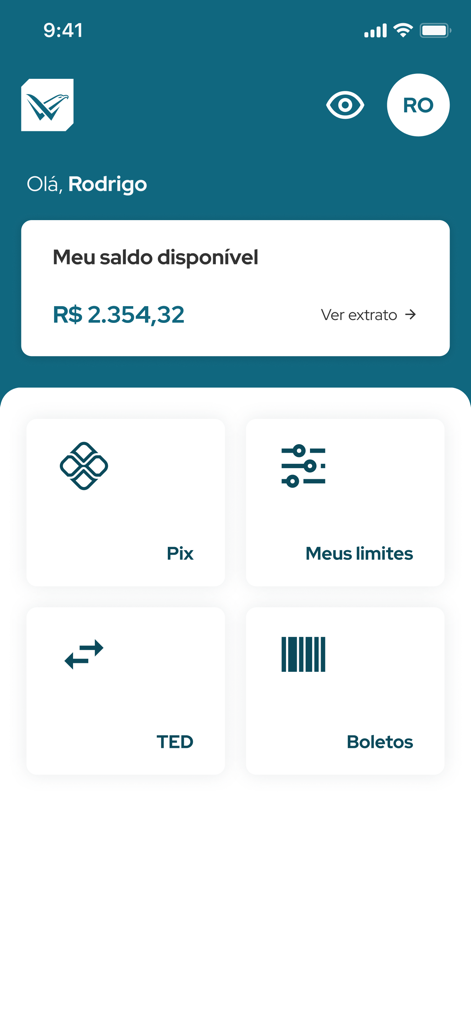 계좌 잔액과 Pix 및 TED 이체에 대한 빠른 액세스 아이콘을 보여주는 빌렐라 페이 모바일 앱 홈 화면