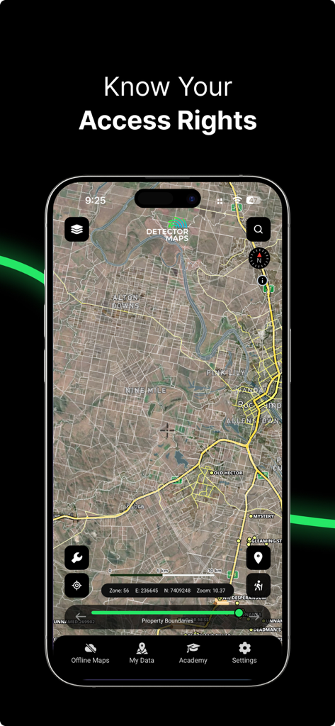 Detector Maps - Ein Screenshot einer mobilen App, der Grundstücksgrenzen und Landzugangsrechte auf einer detaillierten Satellitenkarte für Gold Prospecting zeigt