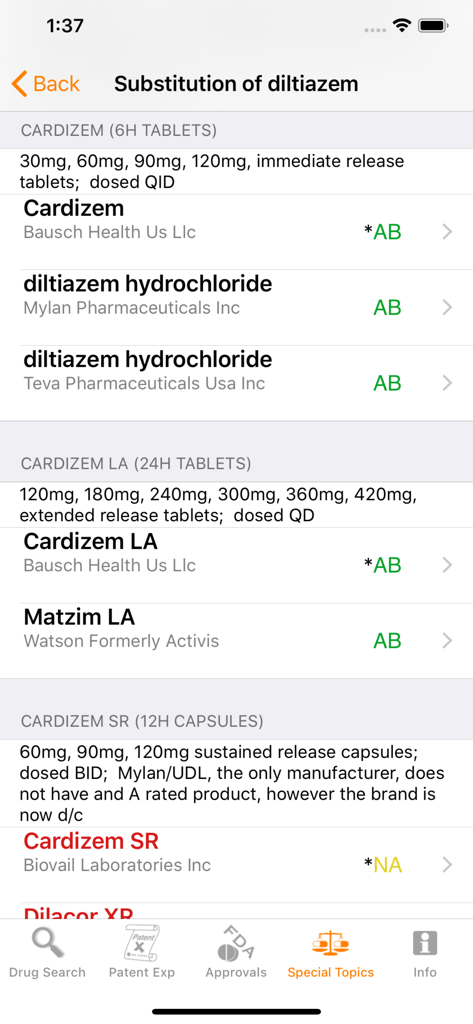 RxOrange - RxOrange app screen showing drug substitution options for diltiazem with color-coded therapeutic equivalence codes