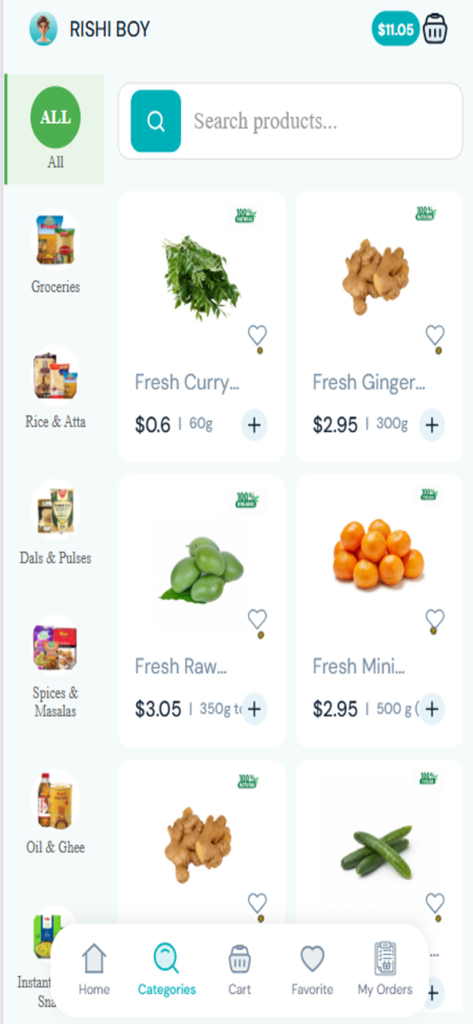 MyLeoMart - Interfaz móvil de la aplicación de comestibles MyLeoMart que muestra productos frescos y categorías de productos