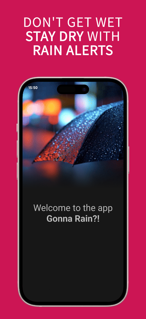Rain Precip Alarmのウェルカム画面。濡れた傘の背景と雨アラートのテキストが表示されています。