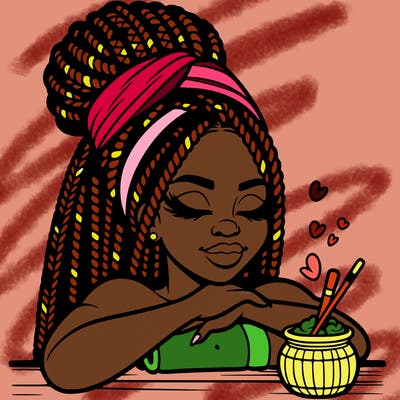 a black woman that looks realistic with braids tied in a bun having a self care day at the spa