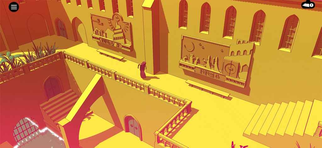 Chants of Sennaar - フードをかぶったキャラクターが、Chants of Sennaarのパズルゲームで、象徴的な石の壁画がある黄色い中庭を歩いている