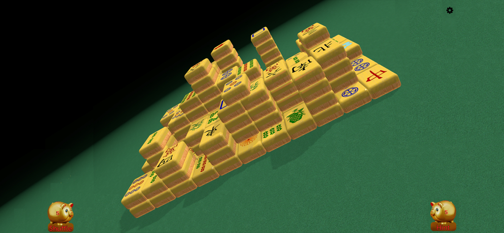 Una pila 3D de fichas de Mahjong sobre un fondo de mesa verde con botones de barajar y pista.