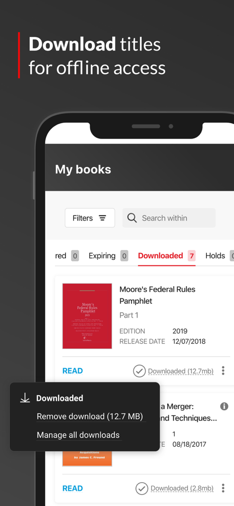 LexisNexis® Digital Library - Interface de l'application LexisNexis Digital Library montrant des titres juridiques téléchargés pour un accès hors connexion.