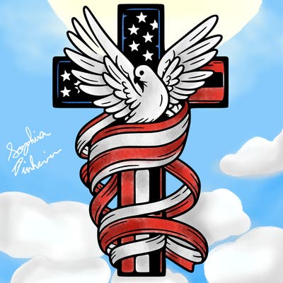 american flag wrapped around a cross with a dove