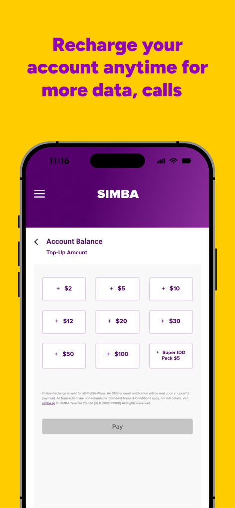 My SIMBA app account recharge and top-up screen showing different price options.