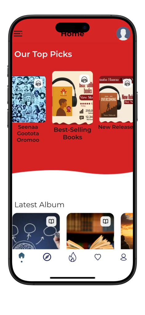 Oromo Book - Home screen of the Oromo Book app featuring top picks of audiobooks in the Oromo language